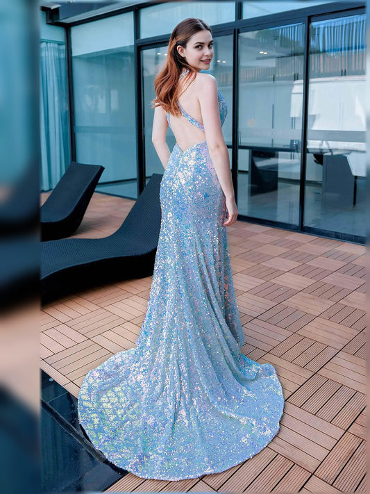 Light Blue mermaid floor-length formal dress with sequins, alternate view