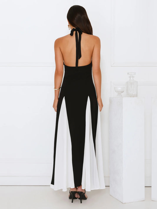 Black sheath maxi formal dress with cutout detail, full-length back view