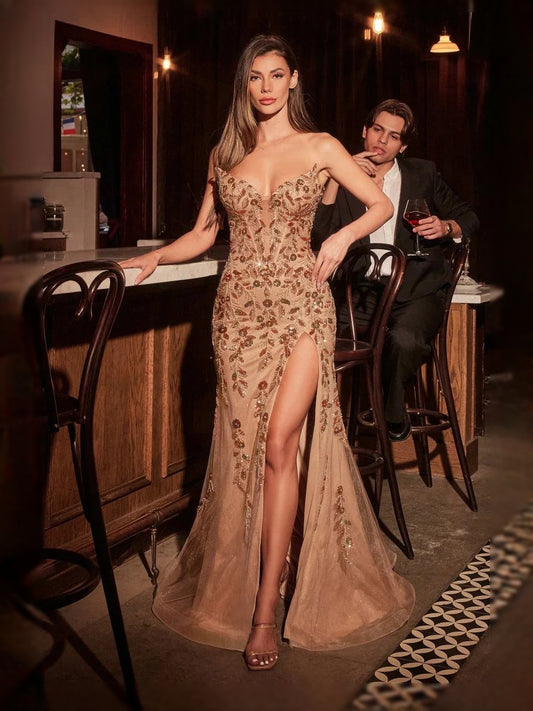 Rose Gold floor-length prom dress, alternate view showing the bodice and skirt