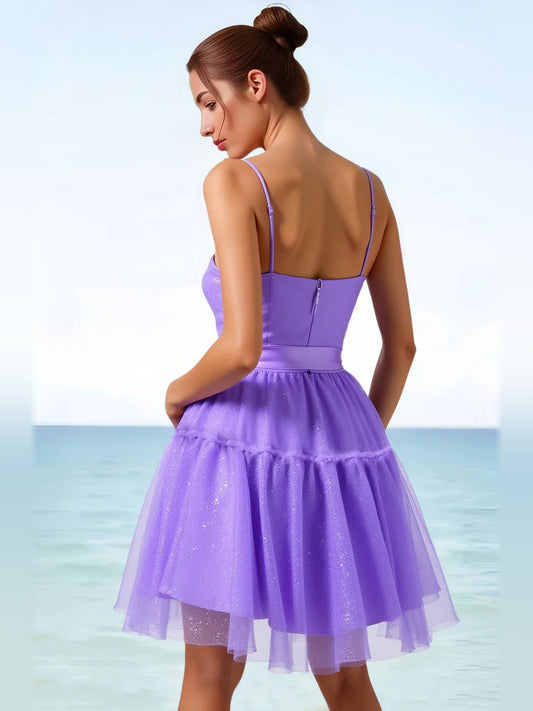 Lilac short homecoming dress, back view showing the rear of the dress