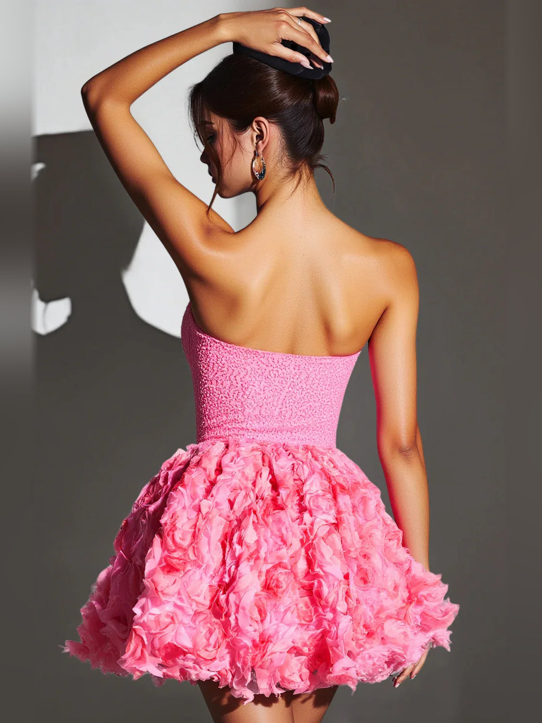 Pink mini homecoming dress, back view showing the rear of the dress