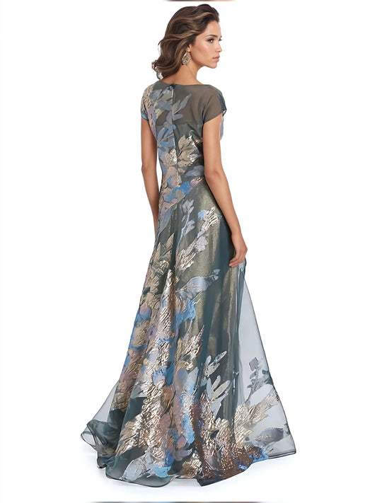 Floral Print short mother of the bride dress, alternate view showing the bodice and skirt