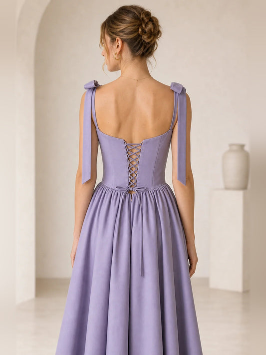 Lilac midi homecoming dress, back view showing the rear of the dress