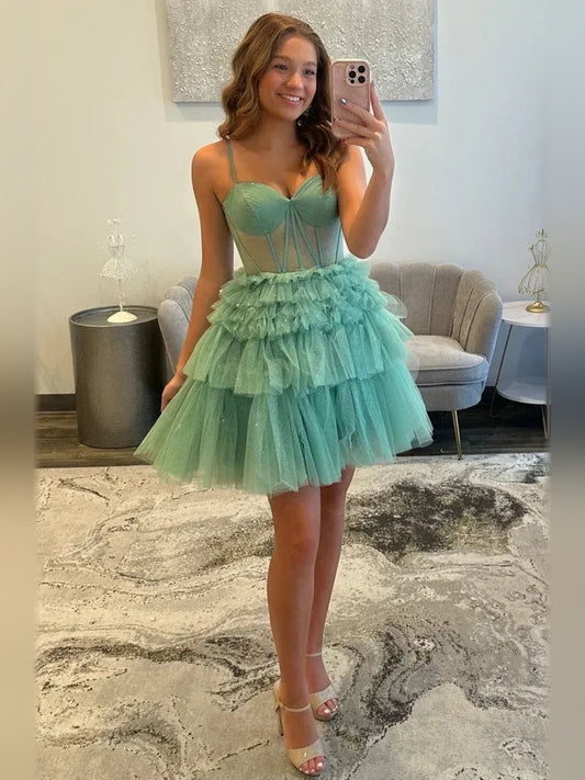 Dusty Sage mini homecoming dress, back view showing the rear of the dress