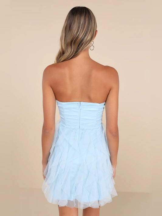 Light Blue mini homecoming dress, alternate view showing the bodice and skirt