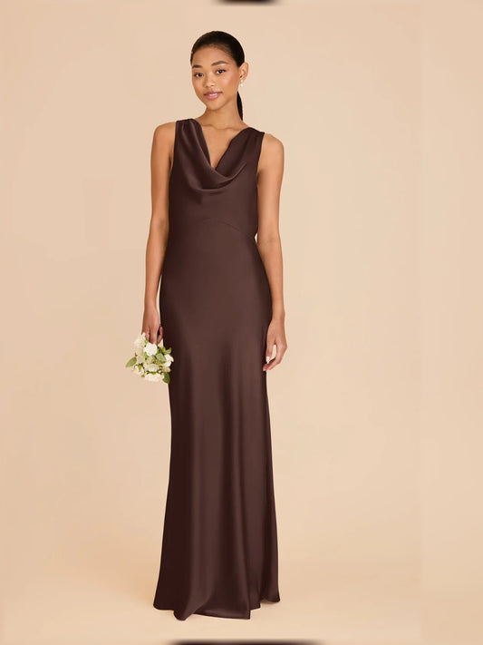 Espresso maxi bridesmaid dress, alternate view showing the bodice and skirt