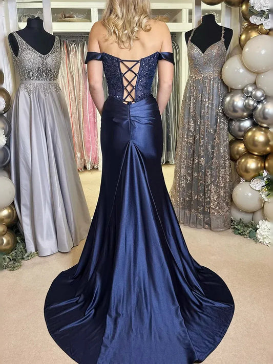 Navy Blue maxi prom dress, alternate view showing the bodice and skirt