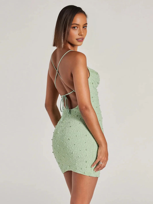 Mint Green mini homecoming dress, back view showing the rear of the dress