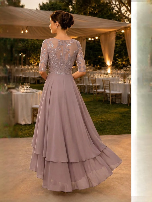 Dusty Rose high-low mother of the bride dress, alternate view showing the bodice and skirt
