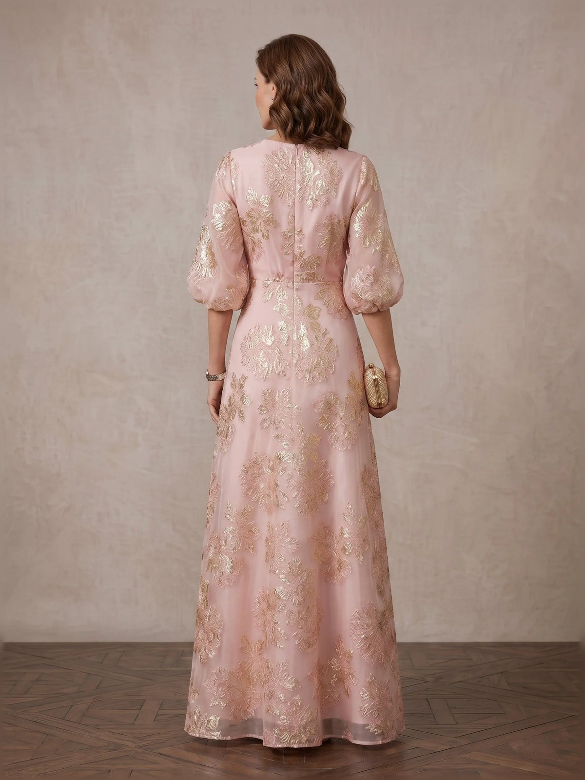 Blush Pink maxi mother of the bride dress, alternate view showing the bodice and skirt