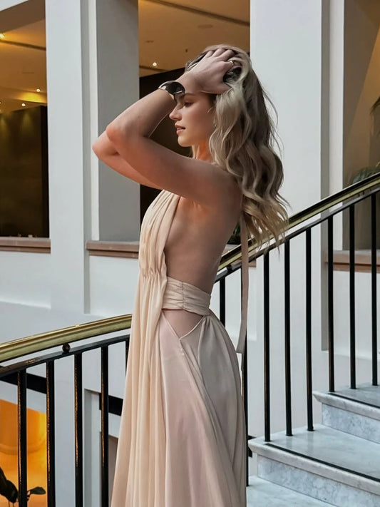 Champagne sheath floor-length formal dress with draping, alternate view