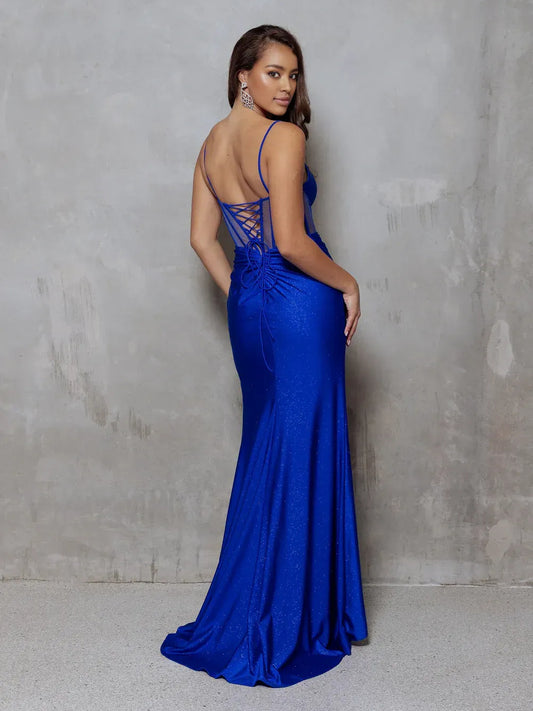 Ocean Blue floor-length prom dress, back view showing the rear of the dress