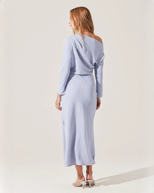 off-shoulder structured satin a-line midi bridesmaid dress - image 2
