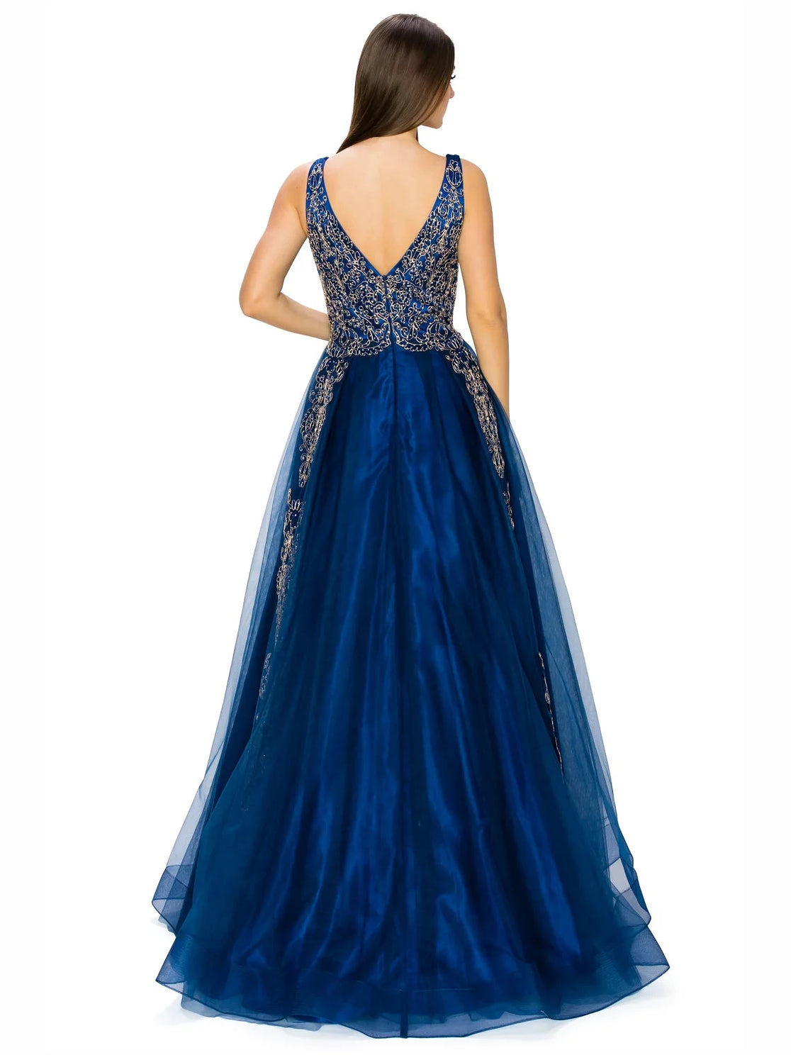 Navy Blue floor-length prom dress, alternate view showing the bodice and skirt