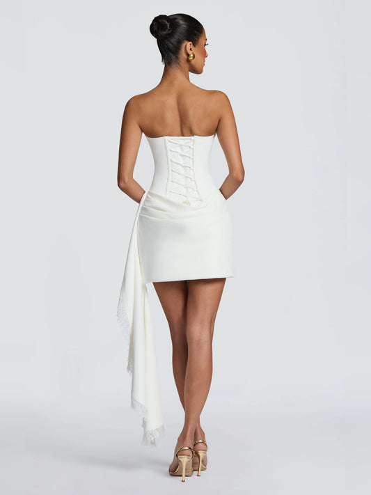 Ivory mini homecoming dress, alternate view showing the bodice and skirt