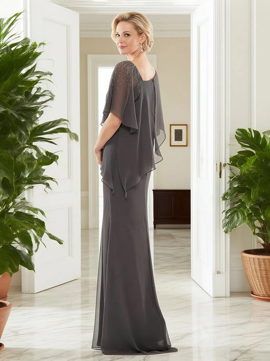Grey floor-length mother of the bride dress, alternate view showing the bodice and skirt