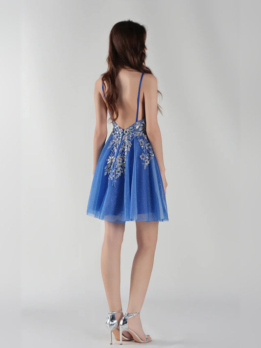 Blue mini homecoming dress, back view showing the rear of the dress