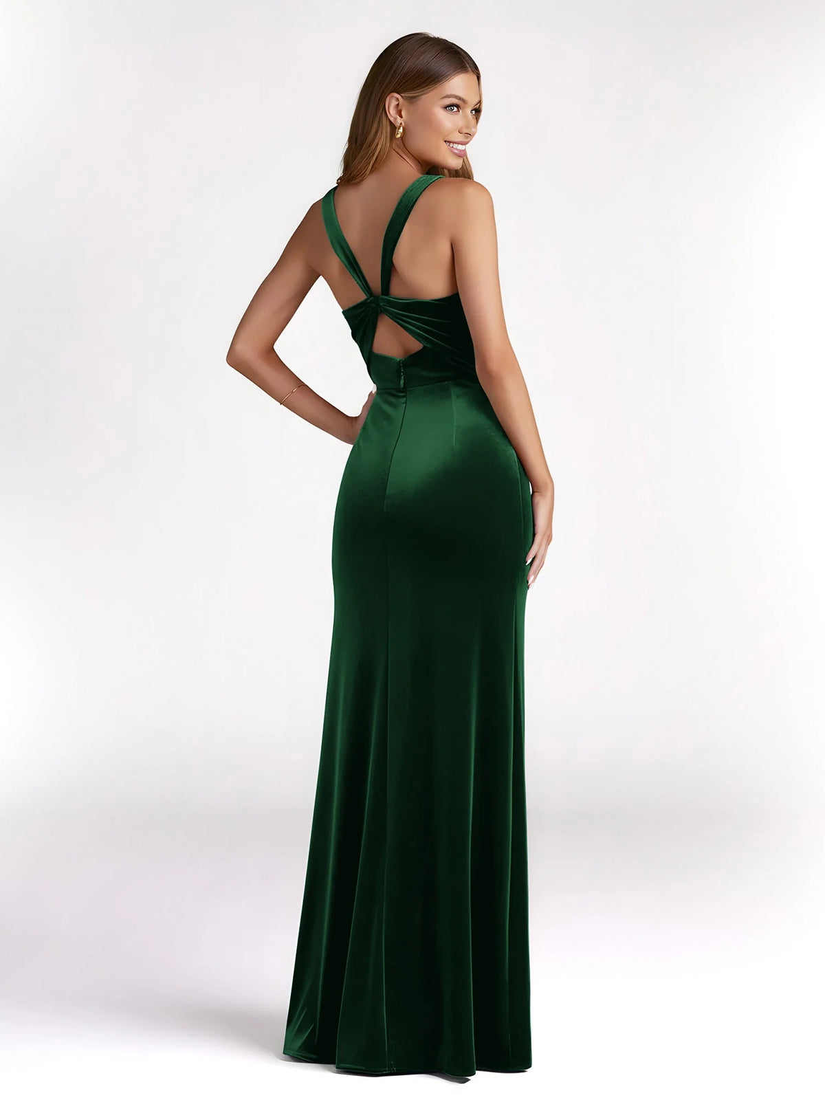 Dark Green mermaid floor-length formal dress with skirt slit, alternate view