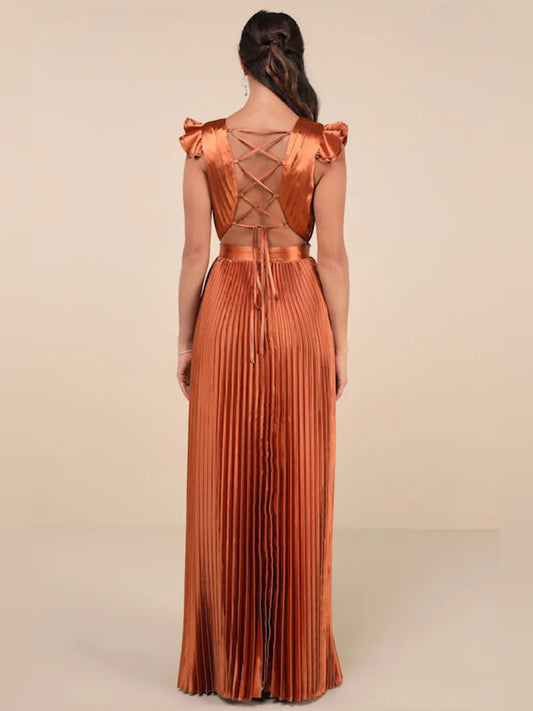 Burnt Orange a-line floor-length formal dress with ruffle details, alternate view