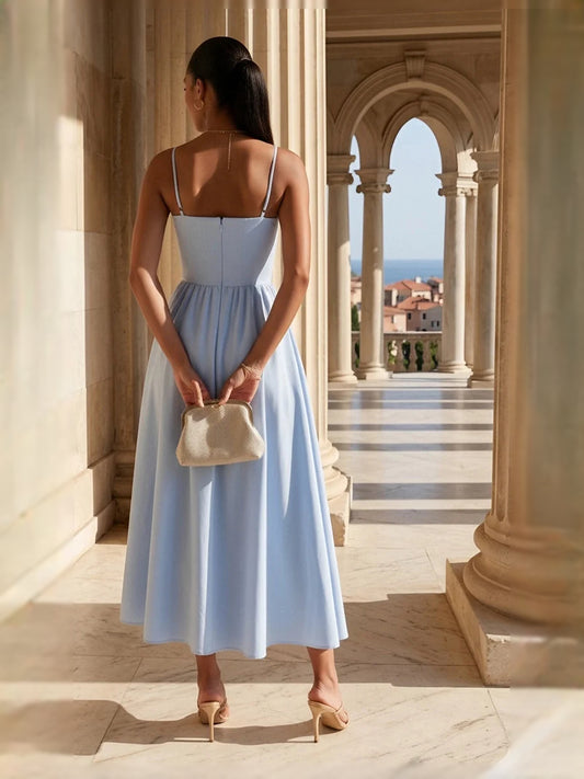 Light Blue midi bridesmaid dress, alternate view showing the bodice and skirt