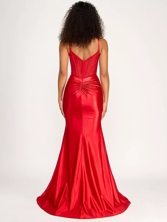 Red mermaid floor-length formal dress with skirt slit, alternate view