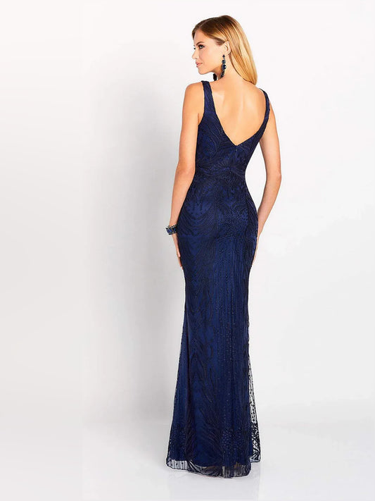 Navy Blue mermaid floor-length formal dress with beading, alternate view