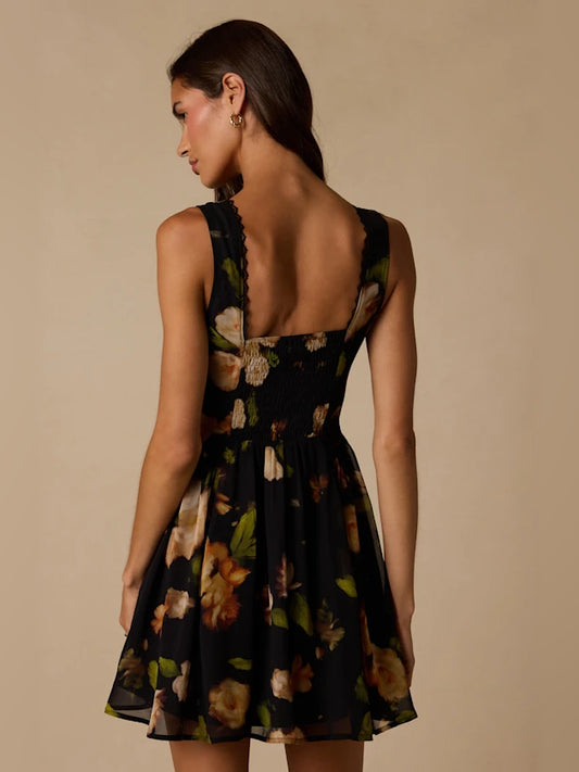 Black Floral mini homecoming dress, alternate view showing the bodice and skirt
