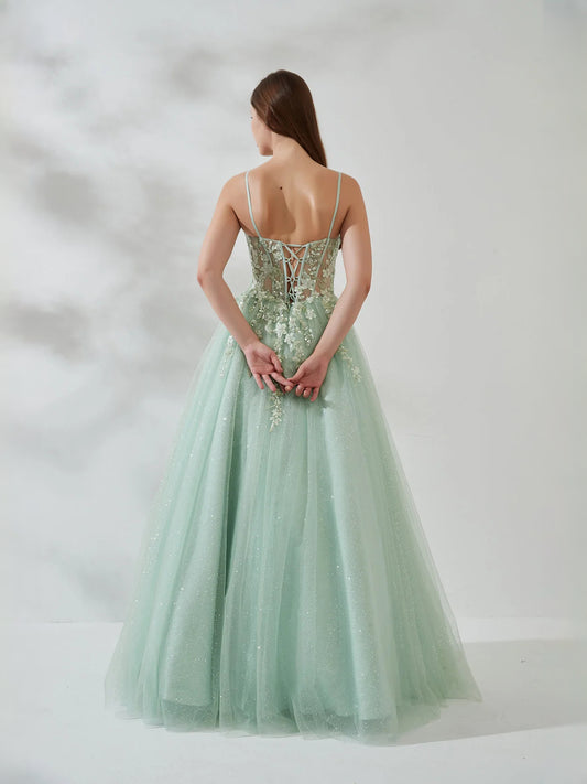 Mint Green floor-length prom dress, back view showing the rear of the dress