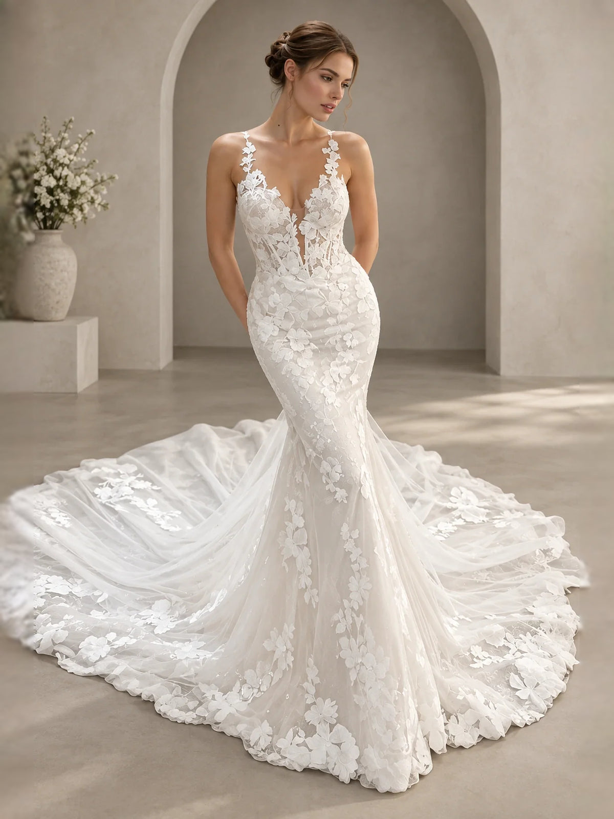 Ivory floor-length wedding dress, alternate view showing the bodice and skirt