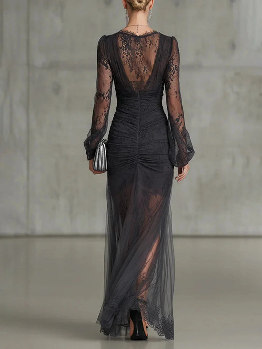 Black sheath floor-length formal dress with ruching, alternate view