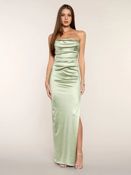 Dusty Sage maxi prom dress, alternate view showing the bodice and skirt