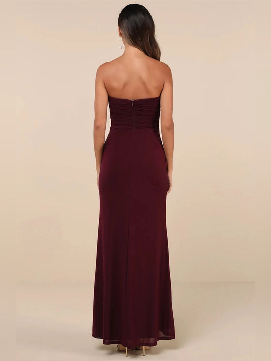 Burgundy maxi bridesmaid dress, alternate view showing the bodice and skirt