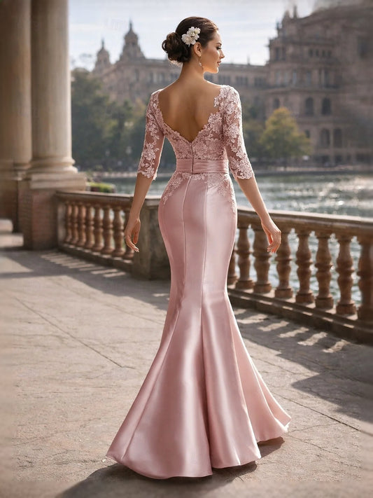 Pink floor-length mother of the bride dress, alternate view showing the bodice and skirt