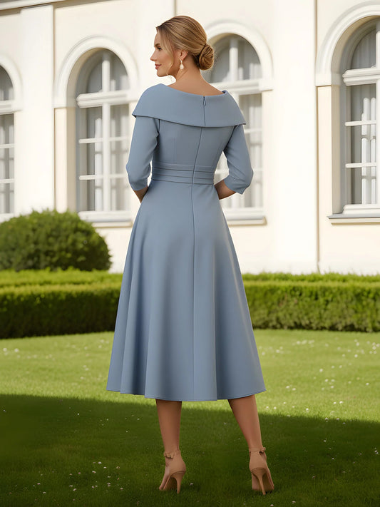 Dusty Blue midi mother of the bride dress, alternate view showing the bodice and skirt