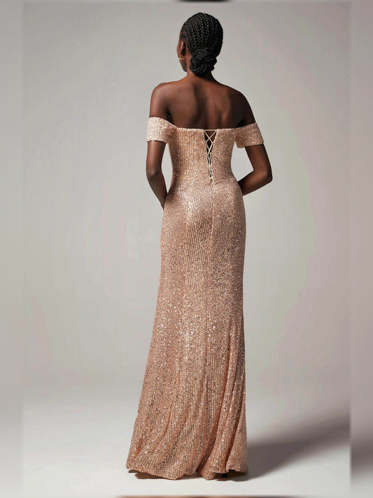 Rose Gold sheath floor-length formal dress with sequins, alternate view