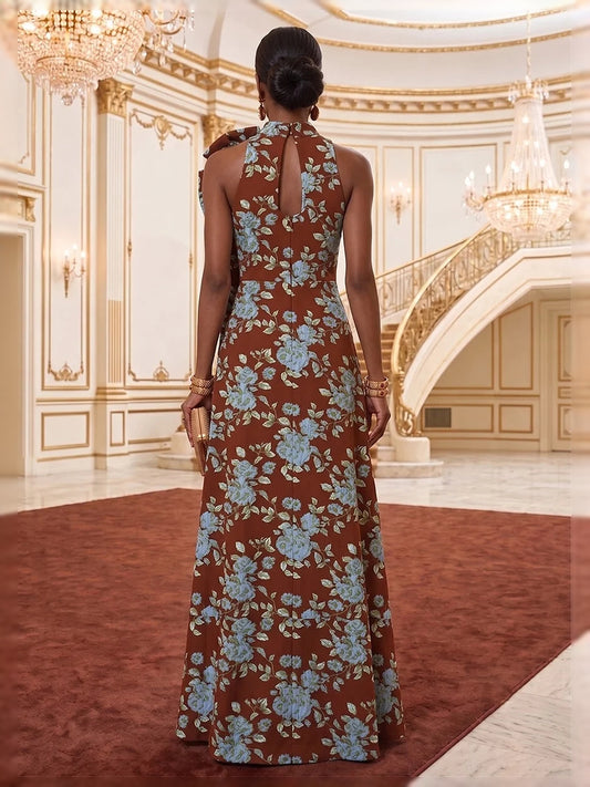 Brown maxi mother of the bride dress, alternate view showing the bodice and skirt