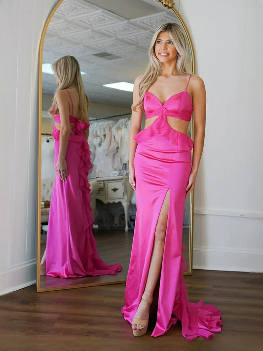 Fuchsia floor-length prom dress, back view showing the rear of the dress