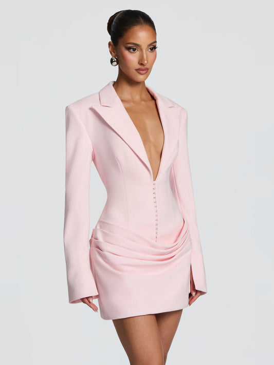 Blush mini homecoming dress, alternate view showing the bodice and skirt