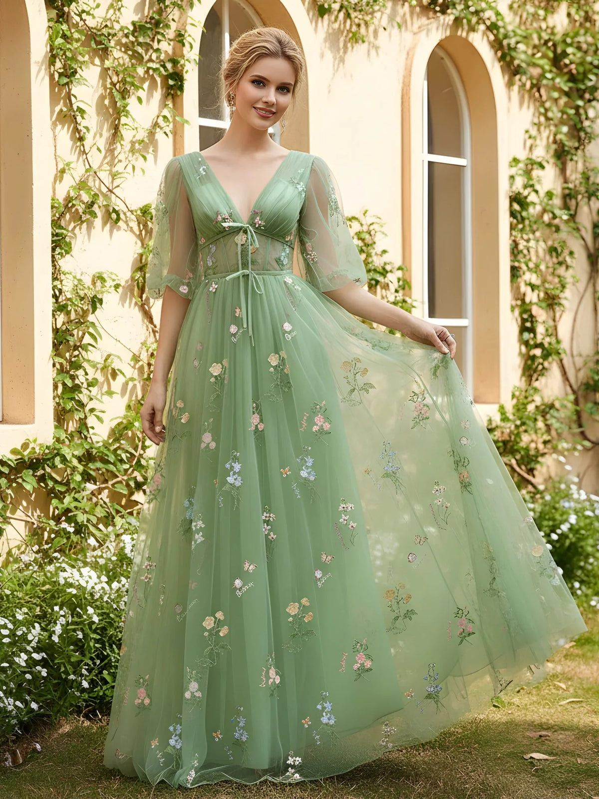 Dusty Sage floor-length prom dress, alternate view showing the bodice and skirt
