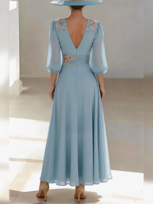 Dusty Blue floor-length mother of the bride dress, alternate view showing the bodice and skirt