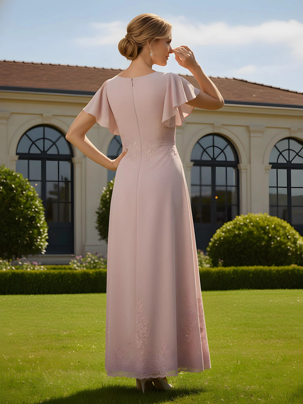 Dusty Rose maxi mother of the bride dress, alternate view showing the bodice and skirt