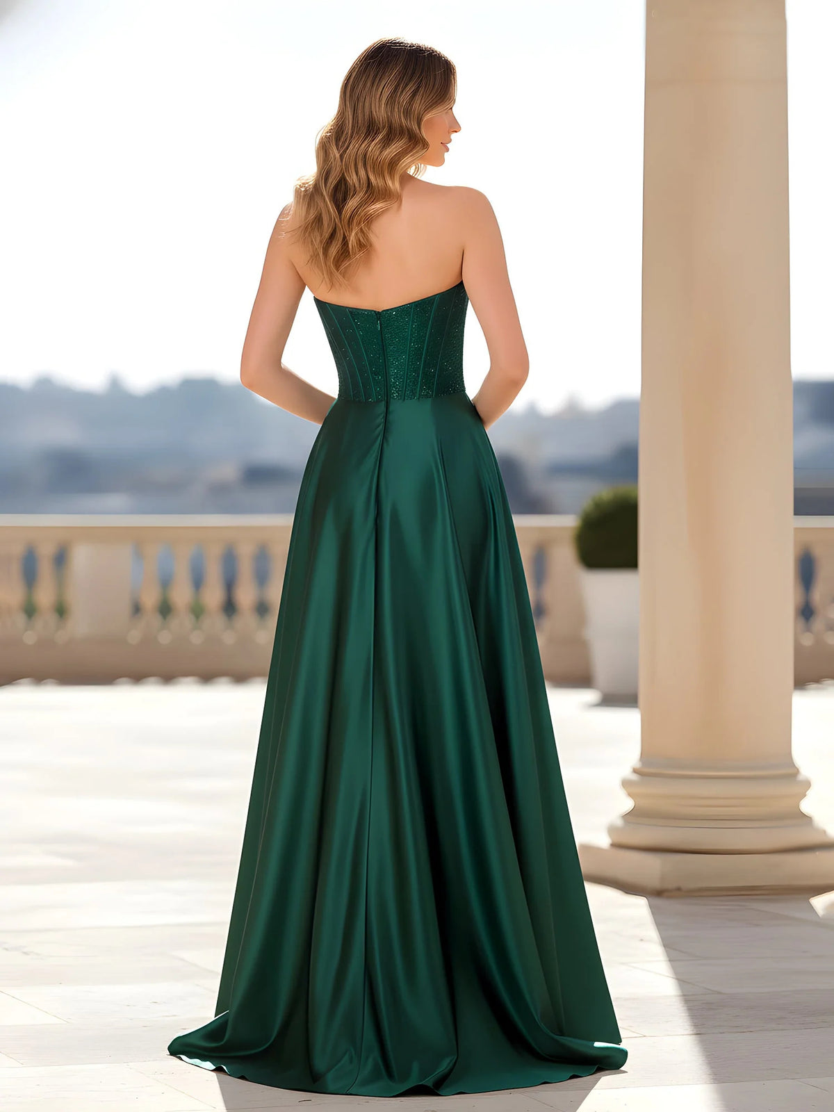 Dark Green floor-length prom dress, alternate view showing the bodice and skirt
