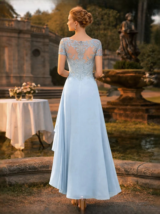 Light Blue high-low mother of the bride dress, alternate view showing the bodice and skirt
