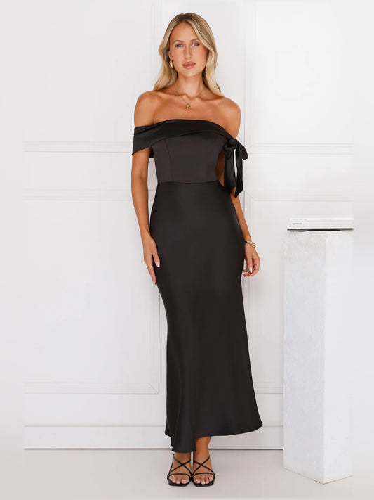 Black midi formal dress with off-the-shoulder neckline, alternate view