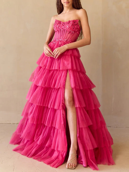 Hot Pink floor-length prom dress, close view of the dress design