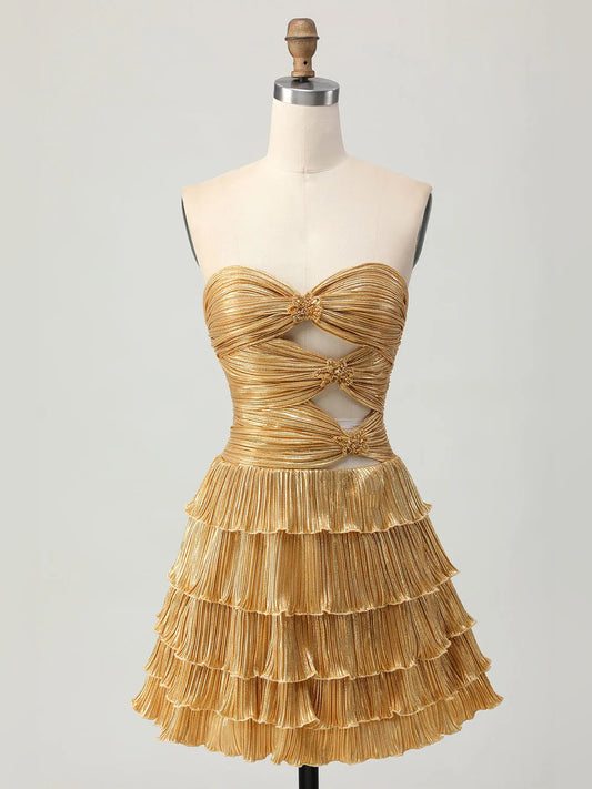 Gold mini homecoming dress, back view showing the rear of the dress
