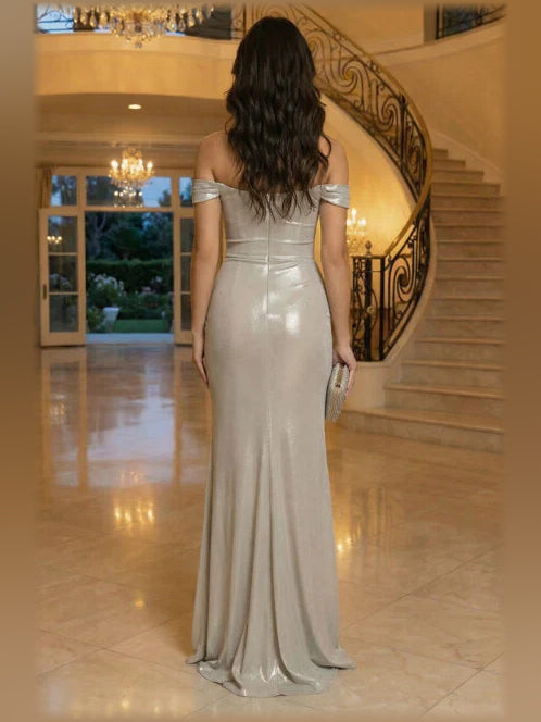 Beige mermaid floor-length formal dress with ruching, alternate view