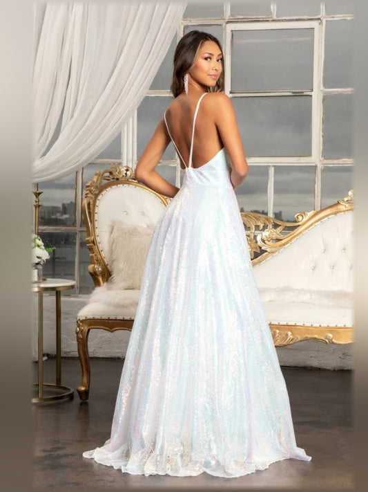 White a-line floor-length formal dress with sequins, alternate view
