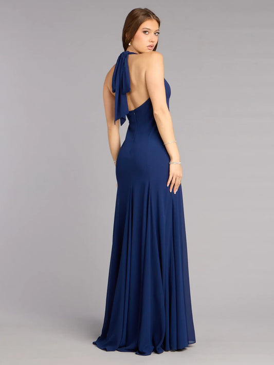 Dark Navy a-line floor-length formal dress with draping, alternate view