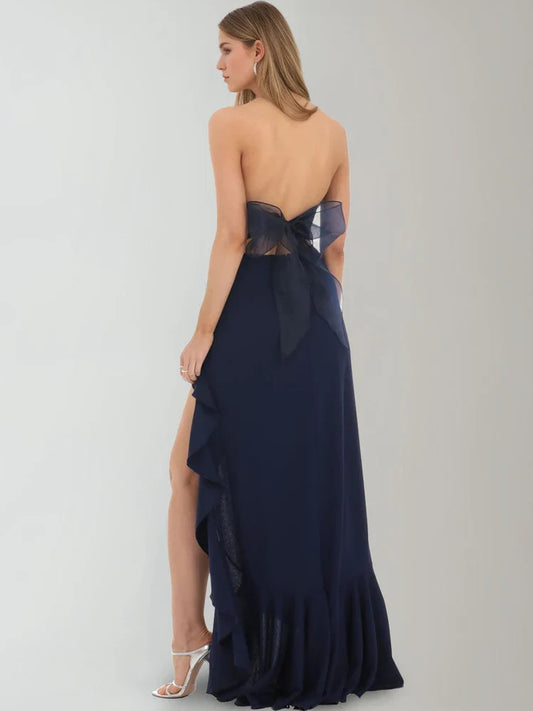 Black sheath floor-length formal dress with skirt slit, alternate view